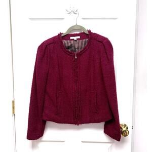 Cabi Blazer Cropped Bouclé Jacket, Burgundy Jacket, Fringe Trim, Women's Size 4